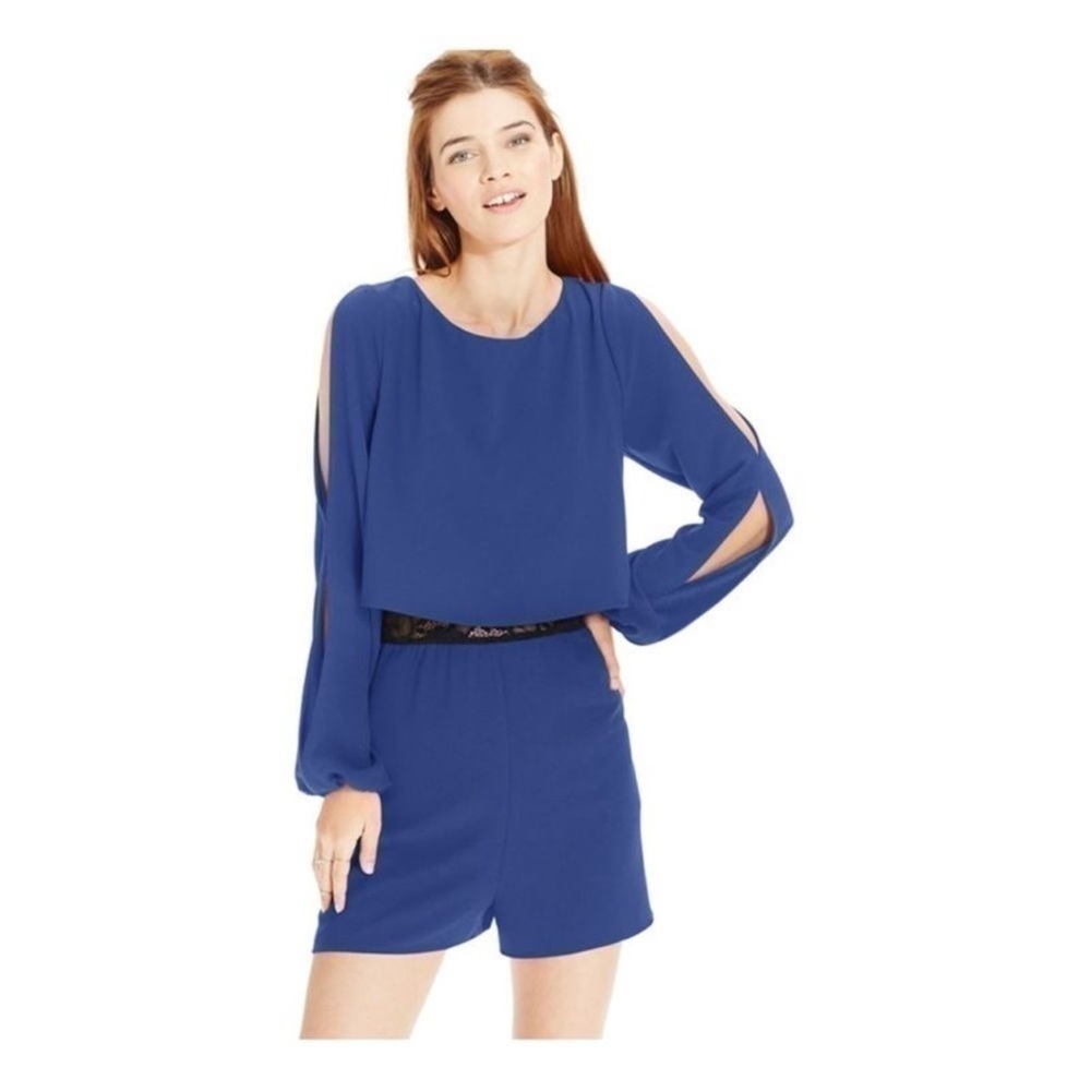 Material Girl Womens Cut-Out Sleeve with black lace Romper Jumpsuit, Blue XL